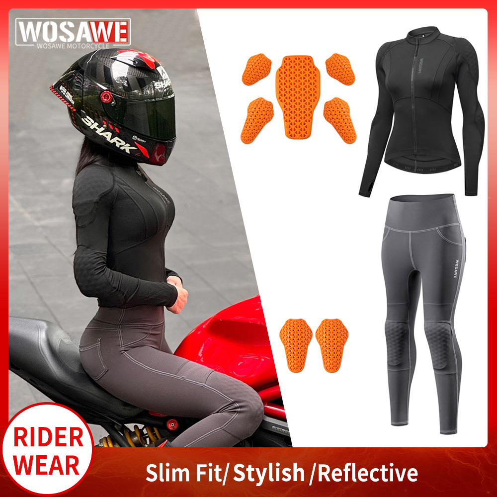 Cycling Gear Jacket - WOSAWE เสื้อแจ็คเก็ตและกางเกงมอเตอร์ไซค์สำหรับผู้หญิง ชุดป้องกันเต็มตัว อุปกรณ์ปั่นจักรยานเสือภูเขาลงเขา อุปกรณ์มอเตอร์ไซค์ ชุดแข่งมอเตอร์ครอส
